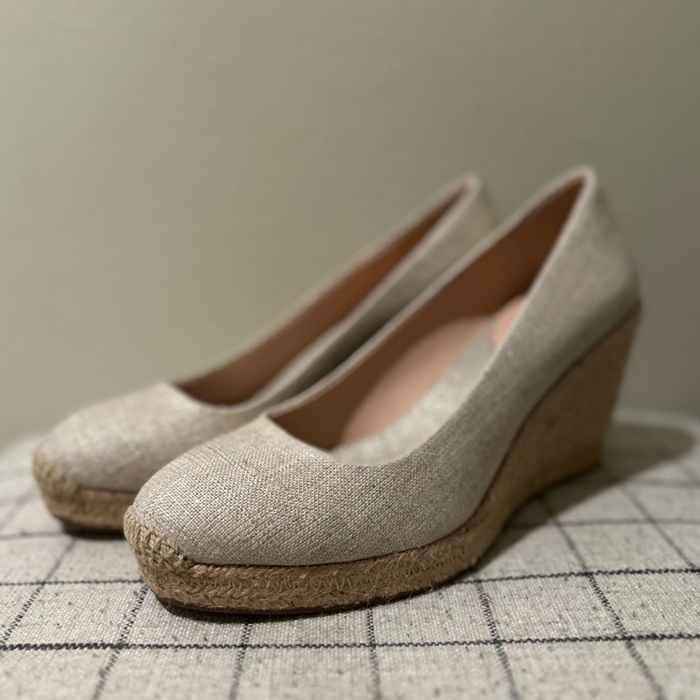 J. Crew Seville Wedge Espadrille Metallic Gold Round Toe Slip On Pump Size 9.5